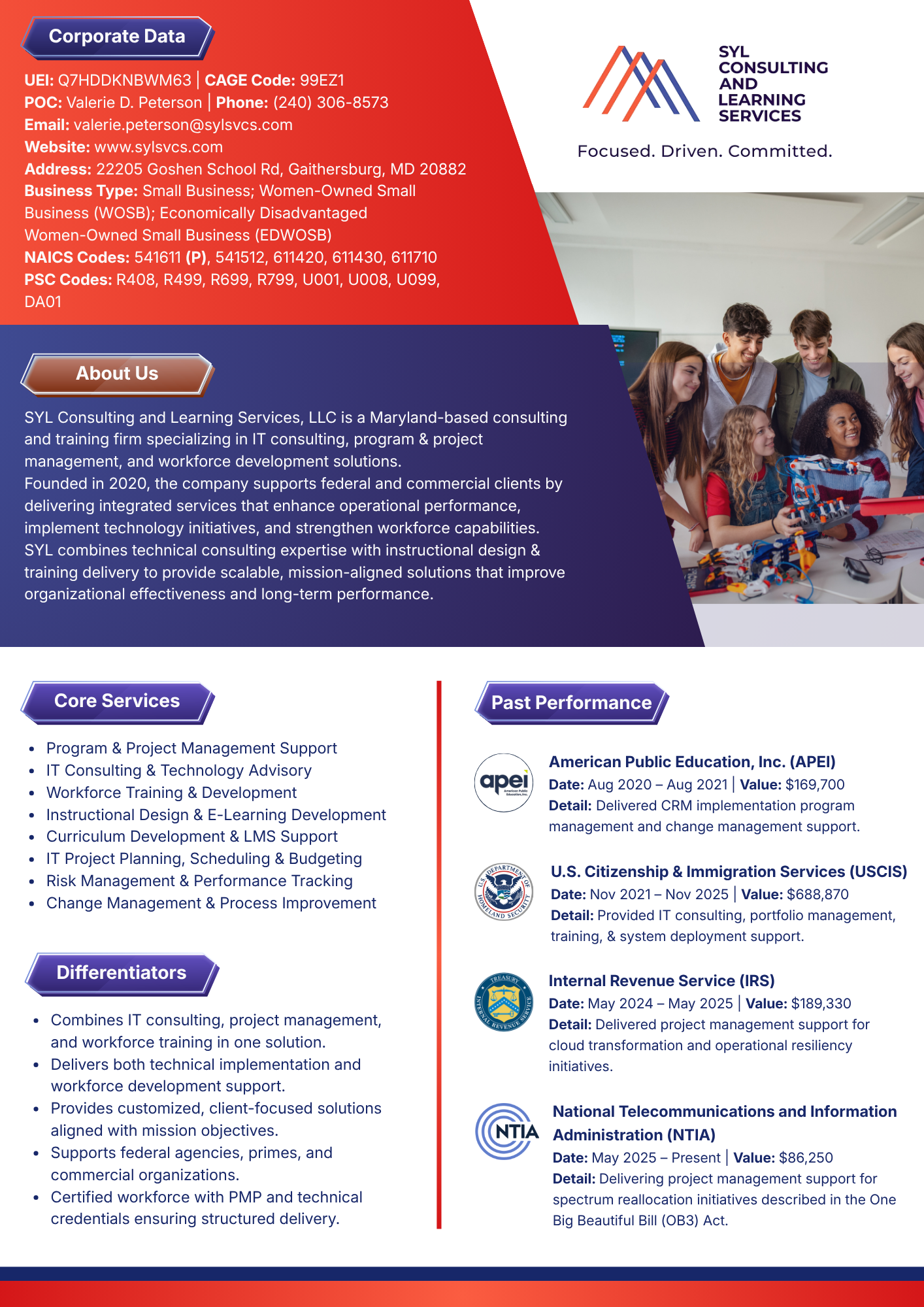 SYL Consulting and Learning Services capability statement — one-page summary of corporate data, services, differentiators, and past performance.